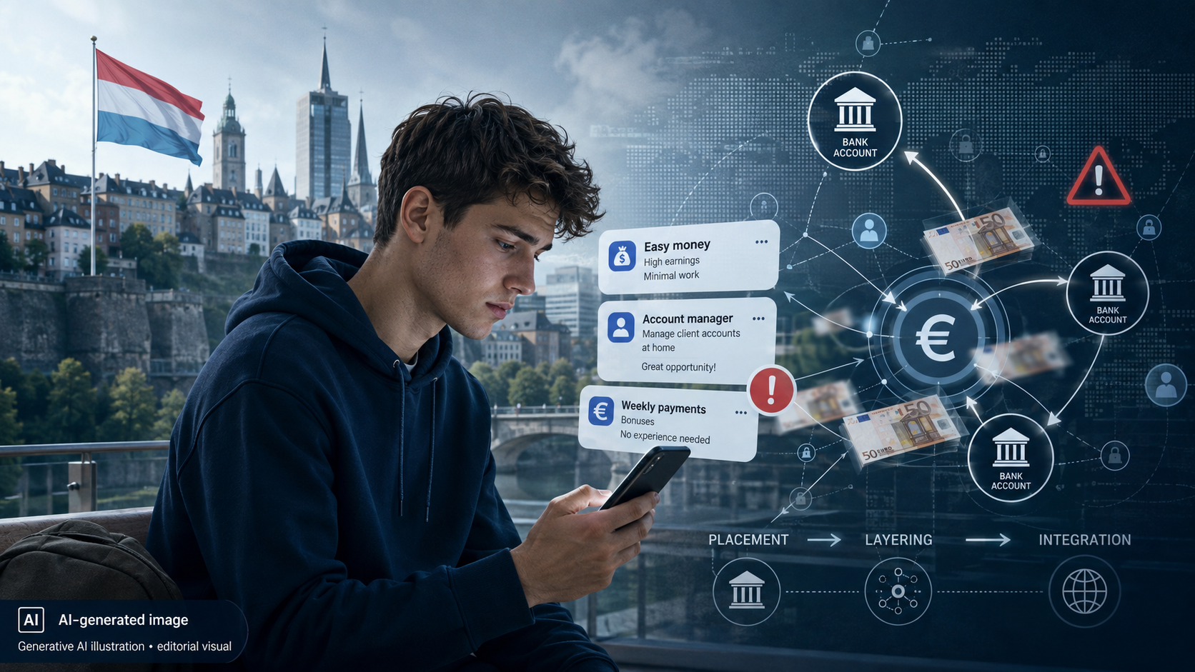 AI-generated editorial illustration of a young person being recruited online as a money mule in Luxembourg